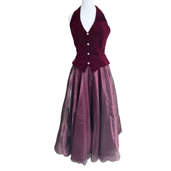 Vtg Dave & Johnny Burgundy Velour Halter Gown Size 9/10 Formal Dress Holiday Par - Picture 1 of 12